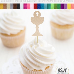 Chalice Cupcake Toppers, First Holy Communion Party Decorations, Communion Party Decor, God Bless Cupcake Toppers in Gold, Silver Communion