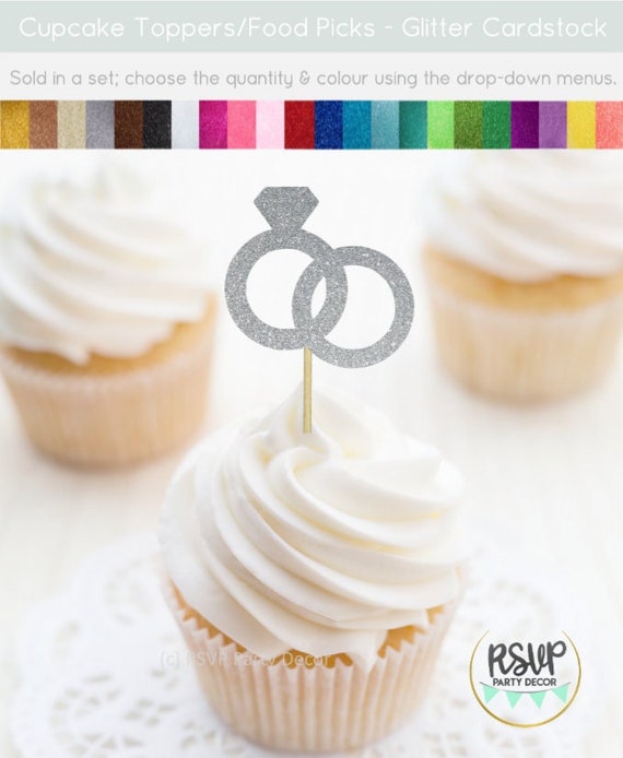 Gyufise Confezione da 24 topper glitterati per cupcake con anello a cuore, per addio al nubilato, per matrimoni, fidanzamenti, addio al nubilato, decorazioni per torte, colore: argento