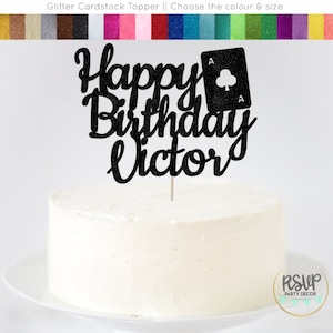 Topper de gâteau d’anniversaire de carte à jouer personnalisé, Décor de fête d’anniversaire de casino, Décorations de fête de casino, Fournitures de fête Black Jack, Vegas Party