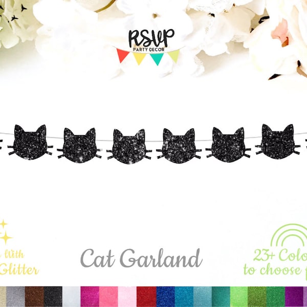 Cat Garland, Glitter Cat Banner, Kitty Garland, Banner, Cat Party Decorations, Black Cat Party, Halloween Party Decor, Halloween Cat Banner