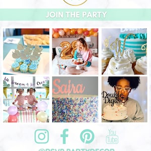 Op de afbeelding: Een collage van afbeeldingen met feestversiering, waaronder cupcakes met verschillende toppers, een taart met sprinkles en een ballonnenboog. De tekst "RSVP Party Decor" en "Join the Party" is zichtbaar op de afbeelding.