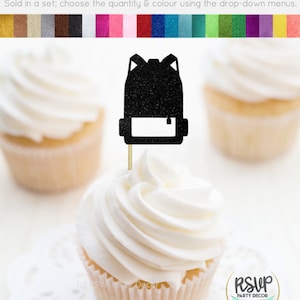 Zaino Cupcake Toppers, Camping Cupcake Toppers, Decorazioni per feste a tema scolastico, Decorazioni per feste di compleanno del campo, Toppers per cupcake per laureati scolastici