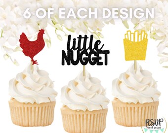 May include: Six cupcake toppers featuring a red glitter chicken, a black glitter "little nugget" sign, and a yellow glitter french fry container. The toppers are perfect for a chicken nugget themed party.
