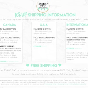 May include: A graphic with text that reads "RSUP Shipping Information". The graphic provides estimated shipping times for Canada, the U.S.A., and International destinations. The graphic also includes information about different shipping options, including standard, fully tracked, and express shipping. The graphic also mentions free shipping for orders over $50.00 CAD.