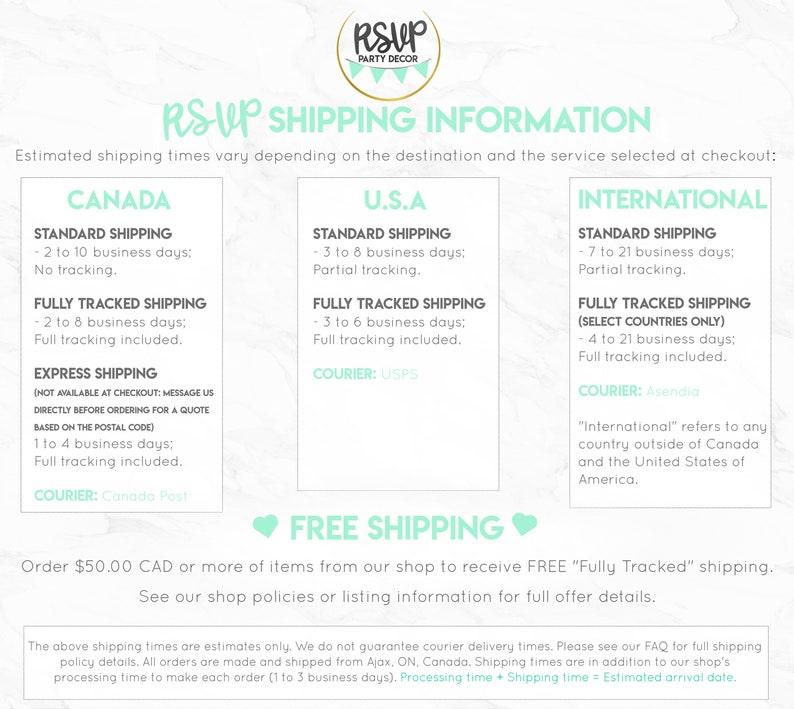 Pode incluir: Um gr&aacute;fico com texto que diz "RSUP Shipping Information". O gr&aacute;fico fornece tempos de envio estimados para o Canad&aacute;, os EUA e destinos internacionais. O gr&aacute;fico tamb&eacute;m inclui informa&ccedil;&otilde;es sobre diferentes op&ccedil;&otilde;es de envio, incluindo envio padr&atilde;o, envio totalmente rastreado e envio expresso. O gr&aacute;fico tamb&eacute;m menciona frete gr&aacute;tis para pedidos acima de $50,00 CAD.