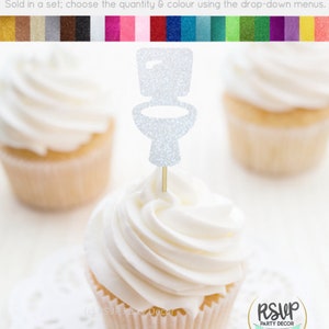 May include: White glitter cupcake topper shaped like a toilet. The topper is on a cupcake with white frosting. The cupcake is on a white doily. The text "RSVP Party Decor" is on the bottom of the image.