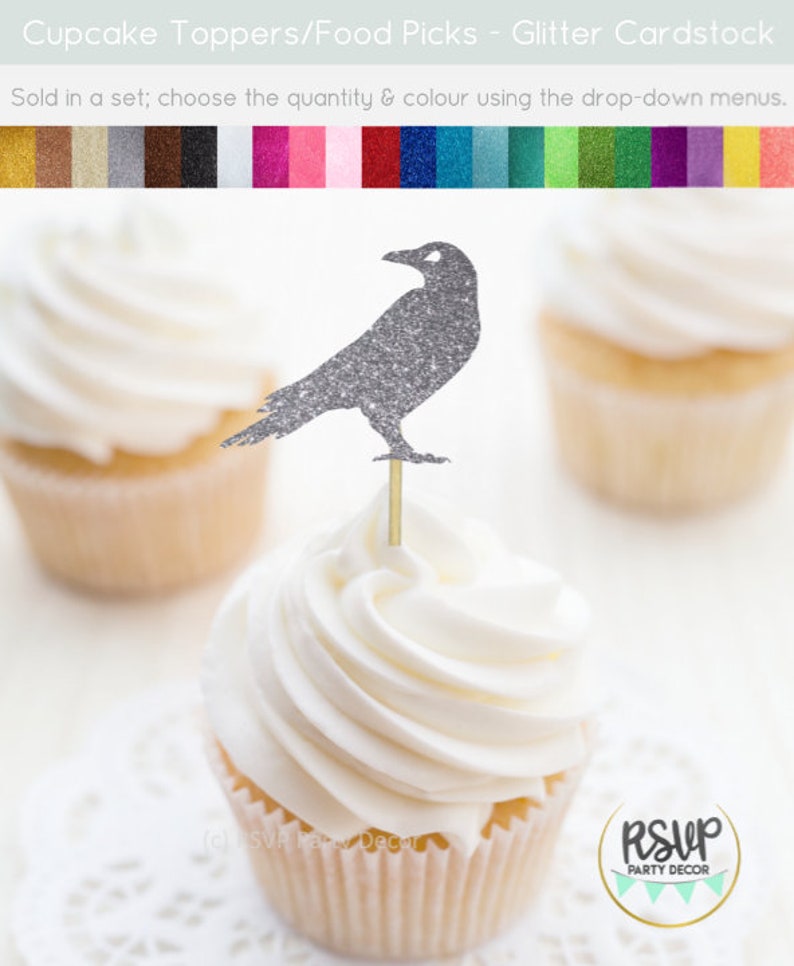 Raven Cupcake Toppers, Halloween Cupcake Toppers, Halloween Party Decorations, Bird Party Decorations, Glitter Raven Food Picks image 4