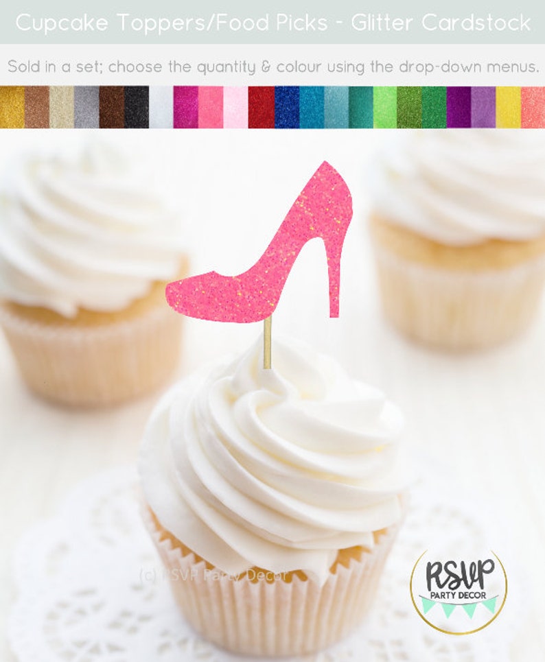 K&ouml;nnte beinhalten: Rosa glitzernder Cupcake-Topper in Form eines High-Heel-Schuhs. Wird im Set verkauft, w&auml;hlen Sie die Menge und Farbe &uuml;ber die Dropdown-Men&uuml;s. RSVP Party Decor.