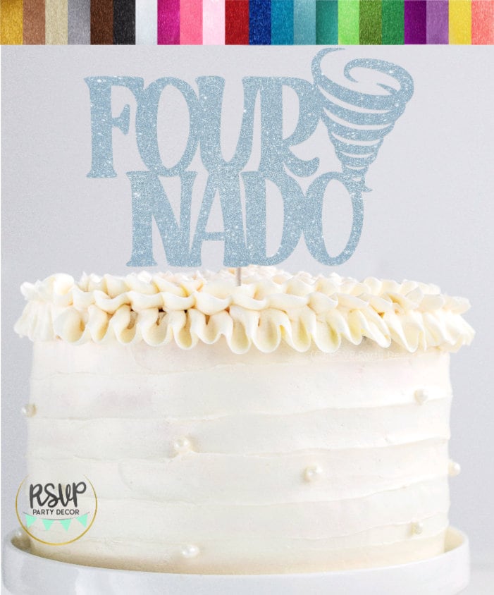 Fournado Kuchendekoration Zum 4. Geburtstag – Tornado Design, Blau-schwarzer Glitzer, Mit Spinnen-Motiv