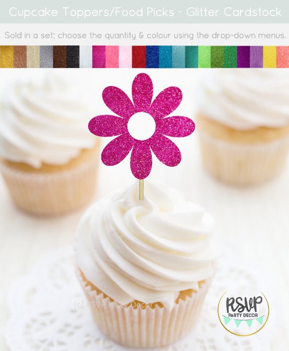 Flower Cupcake Toppers, Glitter Flower Food Picks, Garden Themed Party Decor, Baby in Bloom Party, Flower Power Birthday Party Decorations Il_570xn