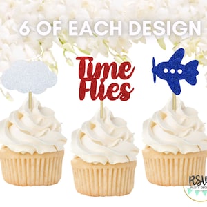 18 PCS Time Flies Cupcake Toppers, Time Flies Birthday Party Decorations, Airplane 1st Birthday Party Decor, Plane Party Decor, Cloud Topper