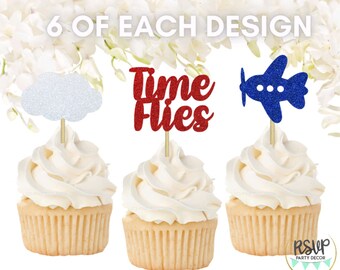 18 個の Time Flies カップケーキトッパー、Time Flies 誕生日パーティーデコレーション、飛行機 1 歳の誕生日パーティーデコレーション、飛行機パーティーデコレーション、クラウドトッパー