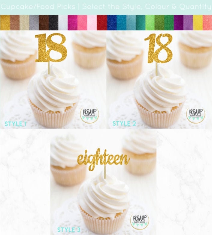 Number 18 Cupcake Toppers, Eighteen Food Picks, 18th Birthday Decorations, 18th Anniversary Party Decorations, Glitter "18" Toppers