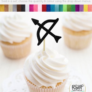Toppers de cupcake de arco e flecha, picaretas de comida de tiro com arco, decorações de festa de tiro com arco, decoração de aniversário de caçador de arco, toppers de cupcake de caça com arco