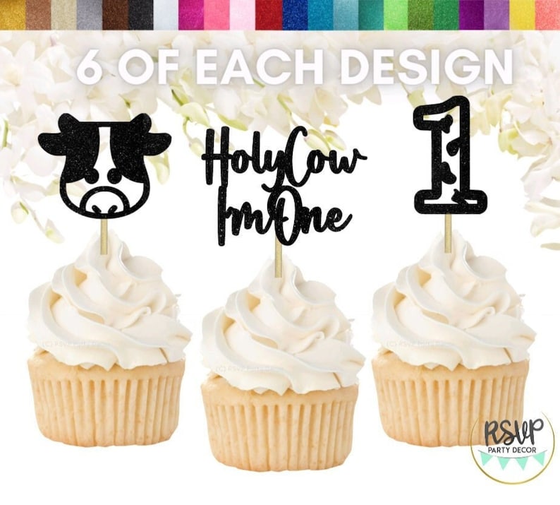 18 PCS Holy Cow I'm One Cupcake Topper Set, Cow 1st Birthday ...
