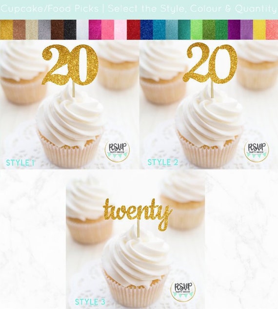 Number 20 Cupcake Toppers, Twenty Food Picks, 20th Birthday Decorations, 20th Anniversary Party Decorations, Glitter "20" Toppers Il_570xn