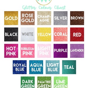 Pode incluir: Um gr&aacute;fico que mostra diferentes cores de glitter, incluindo ouro, ouro rosa, champanhe, prata, marrom, preto, branco, amarelo, coral, vermelho, rosa quente, rosa chiclete, rosa claro, roxo, lavanda, azul royal, azul &aacute;gua, azul claro, turquesa, verde escuro, verde palmeira e verde lim&atilde;o. O texto "Observe: Todas as cores de glitter s&atilde;o de um lado s&oacute;. O verso &eacute; branco fosco. As varia&ccedil;&otilde;es de cor podem ocorrer devido a diferentes configura&ccedil;&otilde;es de tela/monitor." est&aacute; na parte inferior do gr&aacute;fico.