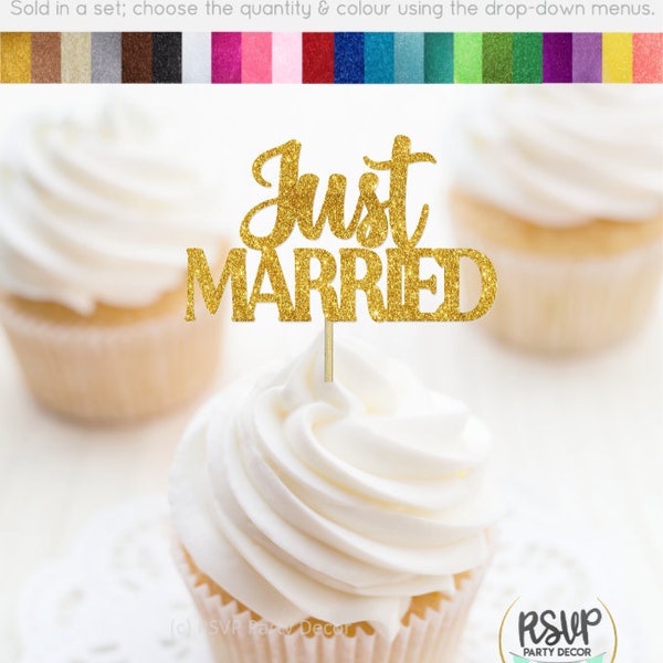 Just Married Cupcake Toppers, Wedding Cupcake Toppers, Wedding Dessert Table Decorations, Wedding Food Picks, Wedding Sweets Table Decor