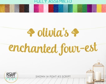 Banner personalizado de Enchanted FOUR-est, decoraciones de Enchanted Fourest, decoración de Forest 4, suministros mágicos para fiesta de cumpleaños número 4, cuarto cumpleaños de hadas