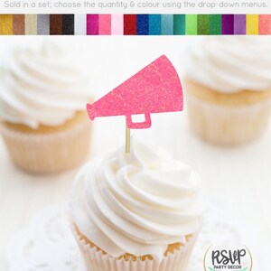 May include: A pink glitter cardstock megaphone cupcake topper on a cupcake with white frosting. The image includes the text "Cupcake Toppers/Food Picks - Glitter Cardstock" and "RSVP Party Decor".
