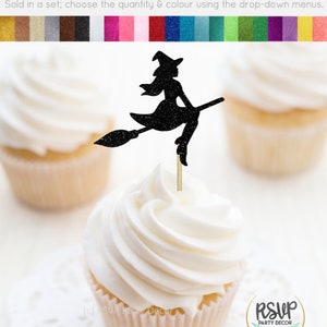 Topper per cupcake con streghe volanti, decorazioni per la doccia nuziale delle streghe per Halloween, decorazioni per il compleanno delle streghe, decorazioni per il compleanno di Halloween per ragazza