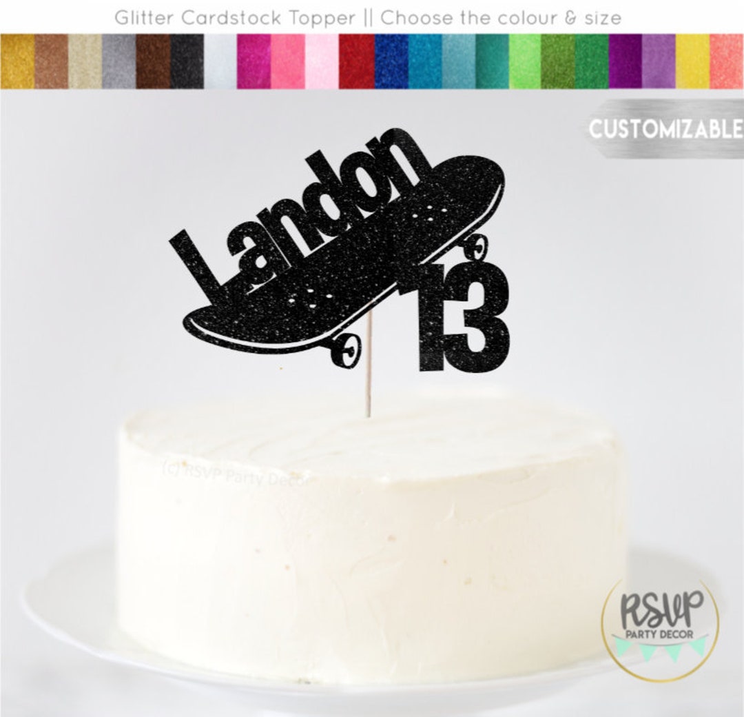 Black Glitter Skateboard Cake Topper - Skateboarding Theme Birthday Party Decorations