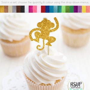 K&ouml;nnte beinhalten: Goldener Glitzer-Affen-Cupcake-Topper. Wird im Set verkauft, w&auml;hlen Sie die Menge und Farbe &uuml;ber die Dropdown-Men&uuml;s. RSVP Party Decor.