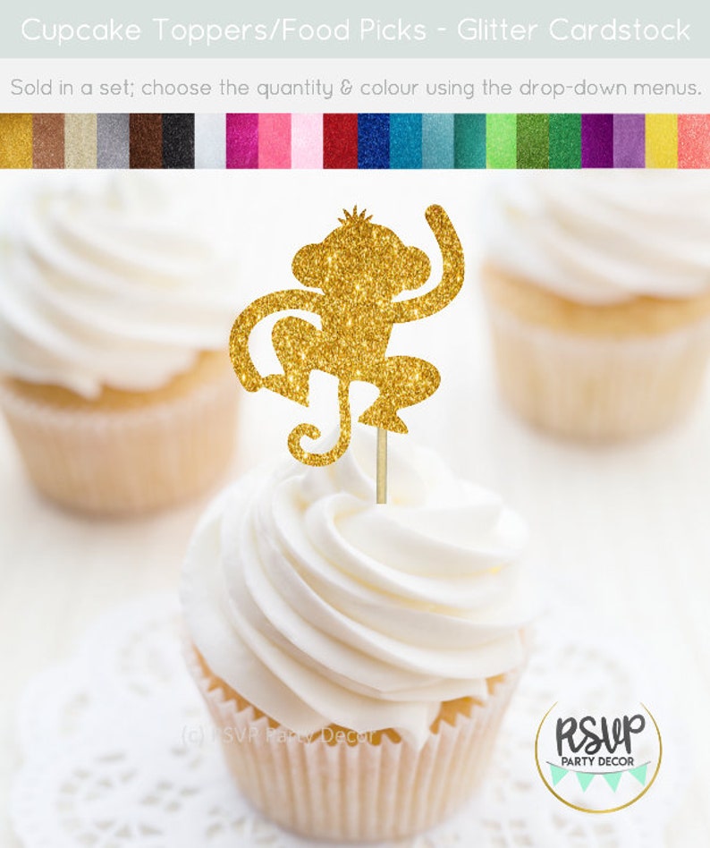 K&ouml;nnte beinhalten: Goldener Glitzer-Affen-Cupcake-Topper. Wird im Set verkauft, w&auml;hlen Sie die Menge und Farbe &uuml;ber die Dropdown-Men&uuml;s. RSVP Party Decor.