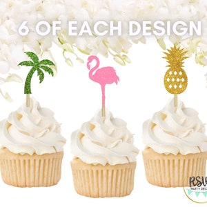 Topper per cupcake tropicali da 18 pezzi, decorazioni per feste di compleanno tropicali, decorazioni per baby shower tropicali, forniture per feste in spiaggia, toppers fenicottero