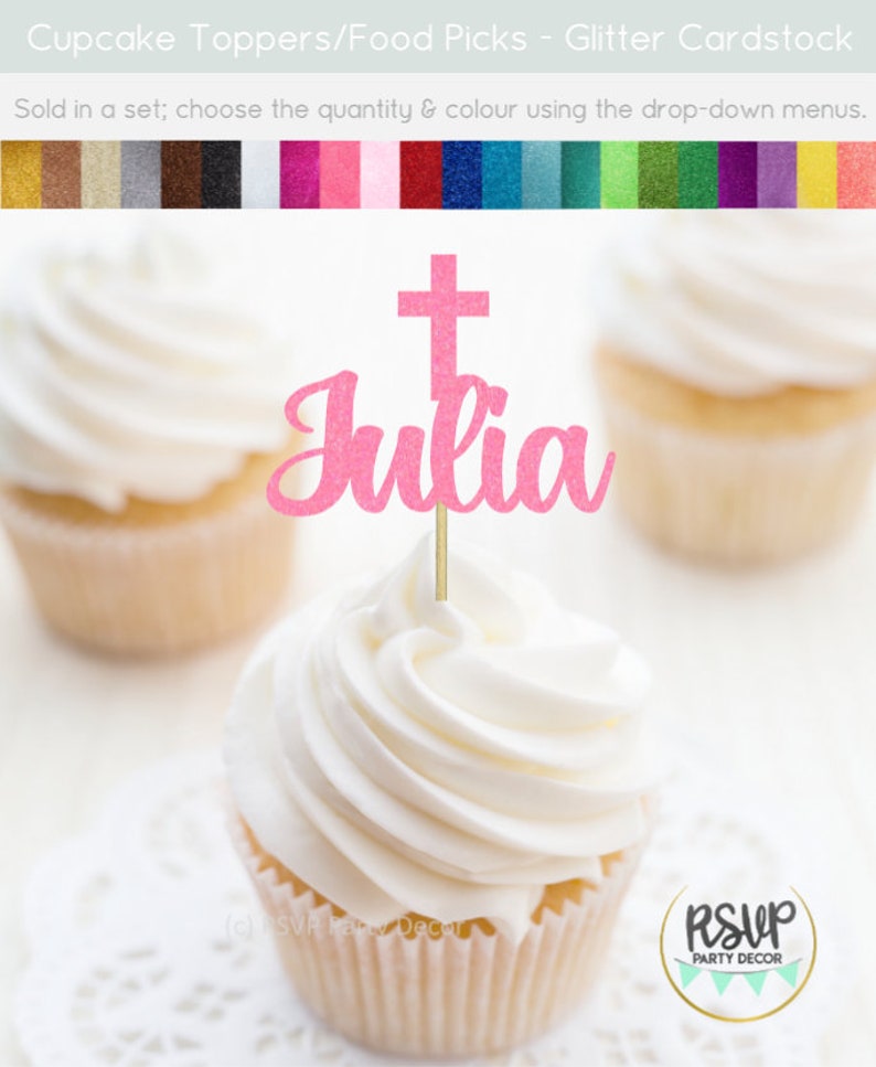 Custom Cross Cupcake Toppers, Baptism Cupcake Toppers, Christening Cupcake Toppers, Holy Communion Cupcake Toppers, God Bless Food Picks image 2