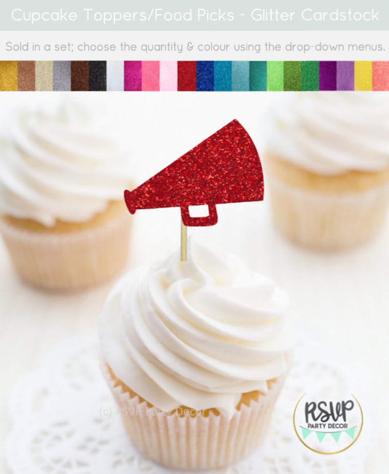 May include: A cupcake topped with white frosting and a red glitter megaphone-shaped topper. The cupcake is on a white surface. The image also shows a variety of glitter cardstock colors. The text on the image says "Cupcake Toppers/Food Picks - Glitter Cardstock".