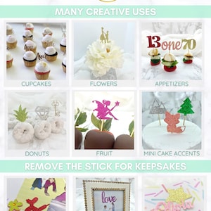 May include: A collage of images showing different ways to use glitter toppers. The toppers are shown on cupcakes, flowers, appetizers, donuts, fruit, mini cakes, scrapbooks, frames, and gift tags. The text "REMOVE THE STICK FOR KEEPSAKES" is displayed in the center of the image.