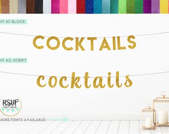 Cocktails Banner, Glitter Cocktails Sign, Drink Bar Decorations, Drink Table Sign, Beverage Table Decorations, Open Bar Decorations