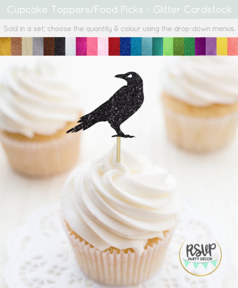 Raven Cupcake Toppers, Halloween Cupcake Toppers, Halloween Party Decorations, Bird Party Decorations, Glitter Raven Food Picks image 1