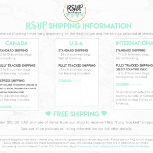 May include: A graphic with text that reads "RSUP Shipping Information". The graphic provides estimated shipping times for Canada, the U.S.A., and International destinations. The graphic also includes information about different shipping options, including standard, fully tracked, and express shipping. The graphic also mentions free shipping for orders over $50.00 CAD.