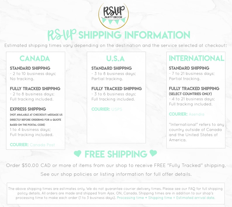May include: A graphic with text that reads "RSUP Shipping Information". The graphic provides estimated shipping times for Canada, the U.S.A., and International destinations. The graphic also includes information about different shipping options, including standard, fully tracked, and express shipping. The graphic also mentions free shipping for orders over $50.00 CAD.