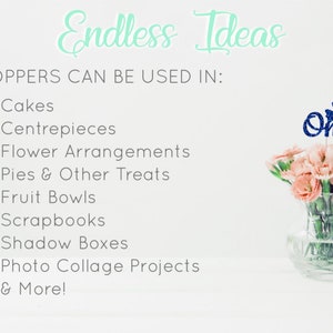 May include: Blue glitter "One" topper with a small airplane design, perfect for cakes, centerpieces, flower arrangements, pies, fruit bowls, scrapbooks, shadow boxes, photo collage projects, and more.  The topper is shown in a vase with pink flowers.