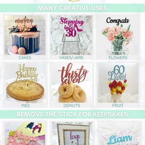 May include: An image showcasing various party decor items. It includes cake toppers with the words "nineteen", "thirty seven", and "60 years loved". Other items include a "Stepping into 30" topper, a "Congrats" topper, and gift tags with the name "Liam".
