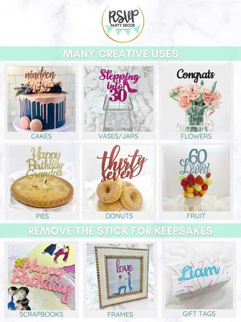 May include: An image showcasing various party decor items. It includes cake toppers with the words "nineteen", "thirty seven", and "60 years loved". Other items include a "Stepping into 30" topper, a "Congrats" topper, and gift tags with the name "Liam".