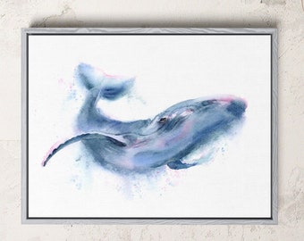 Blue Whale Art Print, Ocean Animal Watercolor Painting, Bathroom Wall Decor, Framed and Unframed Options