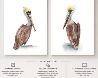 Pelican Wall Art Set of 2: Watercolor Coastal Bird Canvas Prints