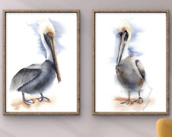 Set of 2 Watercolor Pelican Prints, Coastal Wading Birds Wall Art