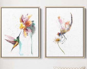Hummingbird Wall Art, Dragonfly Painting, Set of 2 Floral Watercolor Nature PrintsWall Decor, Canvas Ready to Hang