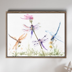 Dragonfly Canvas Print, Dragonflies Watercolor Painting, Horizontal Wall Art, Insect Floral Artwork, Colorful Nursery Wall Decor