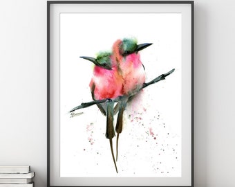 Bienenfresser Vögel Original Aquarell Malerei, Zwei Wintervögel auf Ast Kunstwerk, Vogelpaar, Vogelpaar Dekor, Warme Farbe Wandkunst