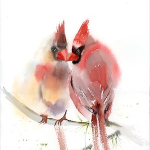 Cardinal Painting Original Watercolor, Love Birds Art, American Winter Red Bird Wall Decor, Two Birds Original Artwork, Not Print