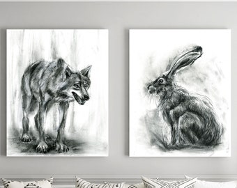 Animals Set Of 2 Large Wall Art Prints, Rabbit And Wolf Charcoal Drawing Printed On Canvas Ready To Hang And Not, Black And White Wall Decor