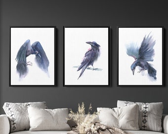 Raven Paintings Set of 3 Watercolor Prints, Dark Birds On White Background, Crow Art Canvas Wall Decor