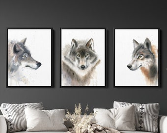 Wolves Paintings Set of 3 Prints, Gray Animals Watercolor Gallery Wall Art Decor, Wolf Portraits Canvas