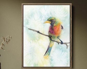 Bird Art Print Wall Decor, Orange and Green Watercolor Coucal Painting, Wildbird Artwork